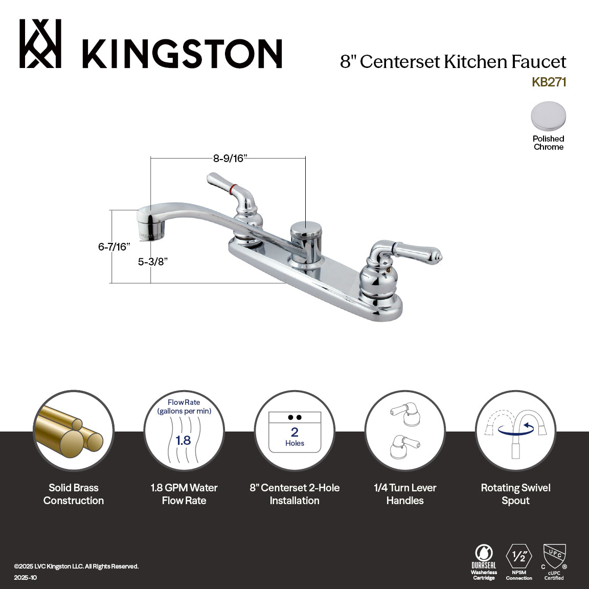 Kingston Tulare KB271 - Magellan Two-Handle 2-Hole 8" Centerset Kitchen Faucet, Polished Chrome — thumbnail 2